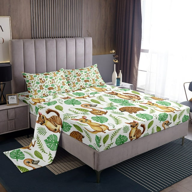 YST Kawaii Animal Full Sheets Kangaroo Duck Hedgehog Bed Set, Green Palm Tree Leaf Bed Sheets