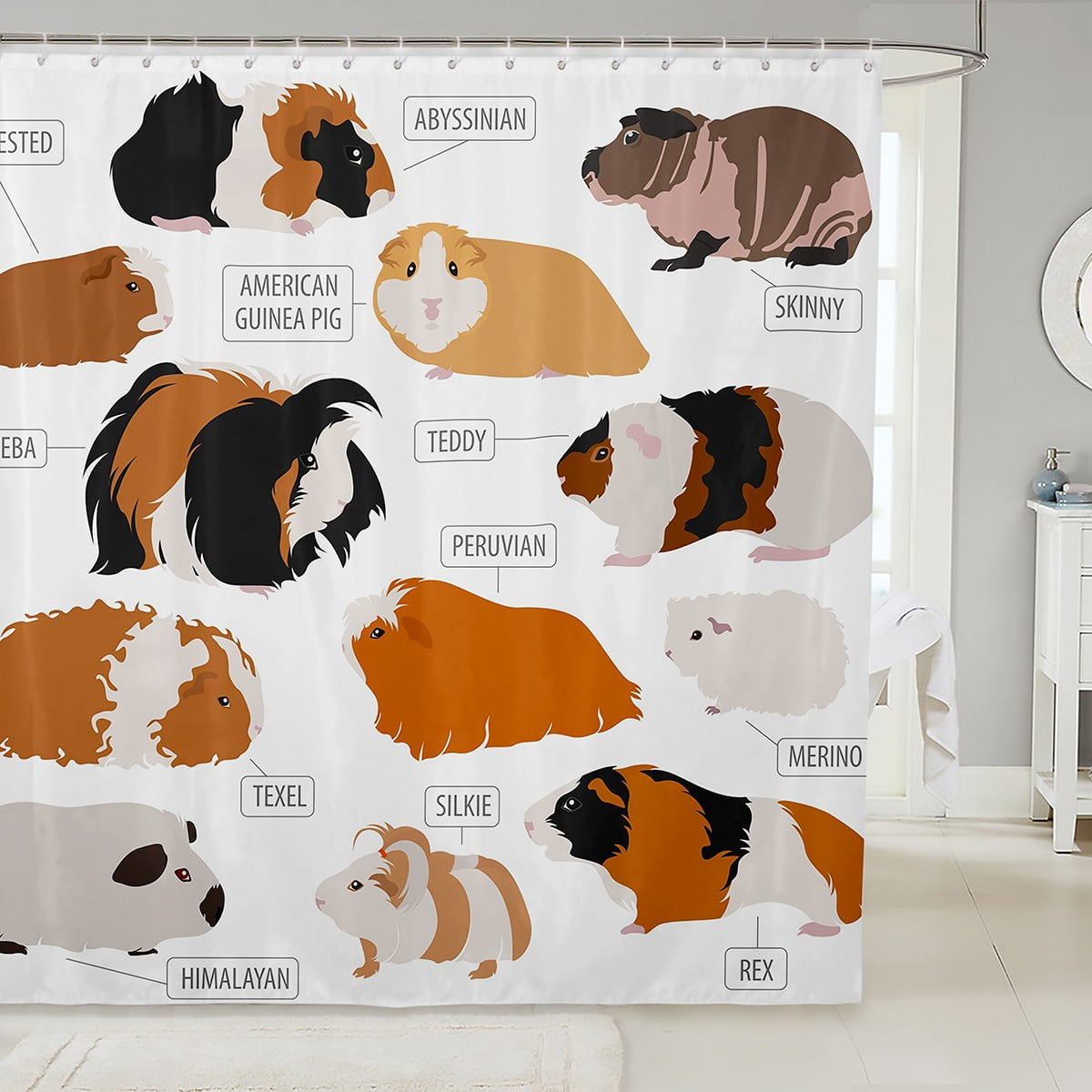 YST Kawaii Animals Waterproof Bathroom Curtain Cartoon Guinea Pig Bath