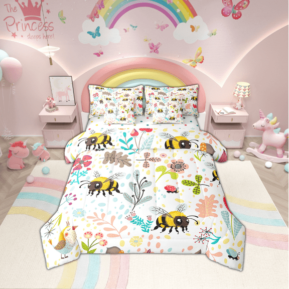 YST Kawaii Bee Bed In A Bag 7 Piece Full Cartoon Bee Comforter Set With Sheets For Kids Boys Girls,Cute Woodland Botanical Flowers Bedding Jungle Bird Butterfly Sheet Set With Comforter