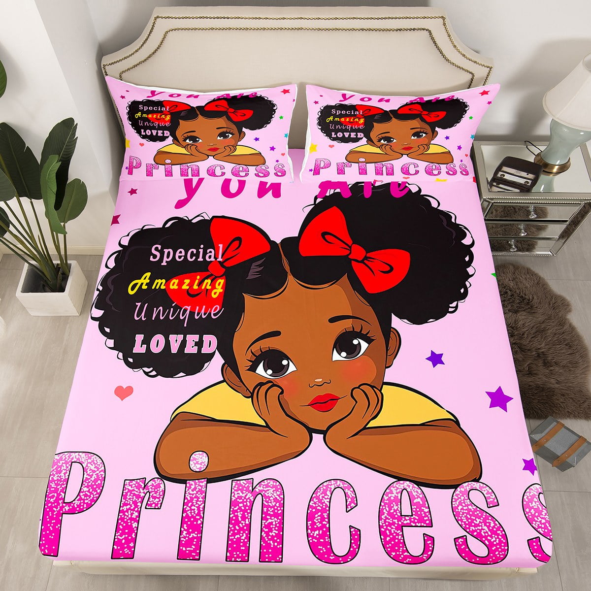 YST Kawaii Black Girls Bed Sheets Cute Princess Fitted Sheet Queen Size