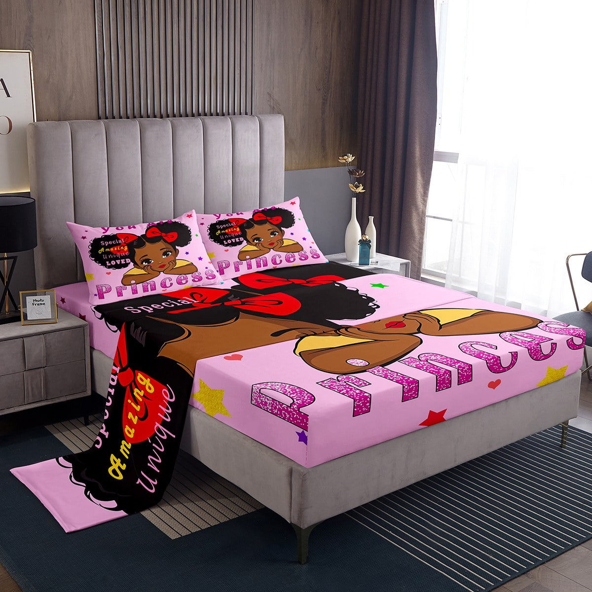 YST Kawaii Black Girls Bed Sheets Set Cute Princess King Size Sheet