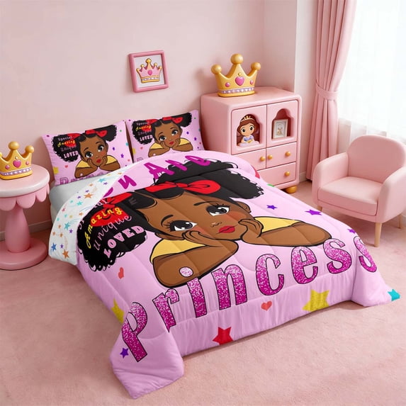 Erosebridal Kawaii Black Bedding Set Full Cute Princess Full Comforter, Rainbow Stars Duvet Insert Girly Pastel Pink Quilt Set, American African Bedding Comforters & Sets