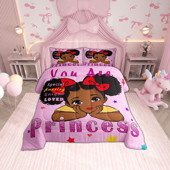 Kawaii Black Comforter Twin Cute Princess Twin Bedding Set , Rainbow Stars Down Comforter Girly Pastel Pink Bed Set, American African Quilted Duvet