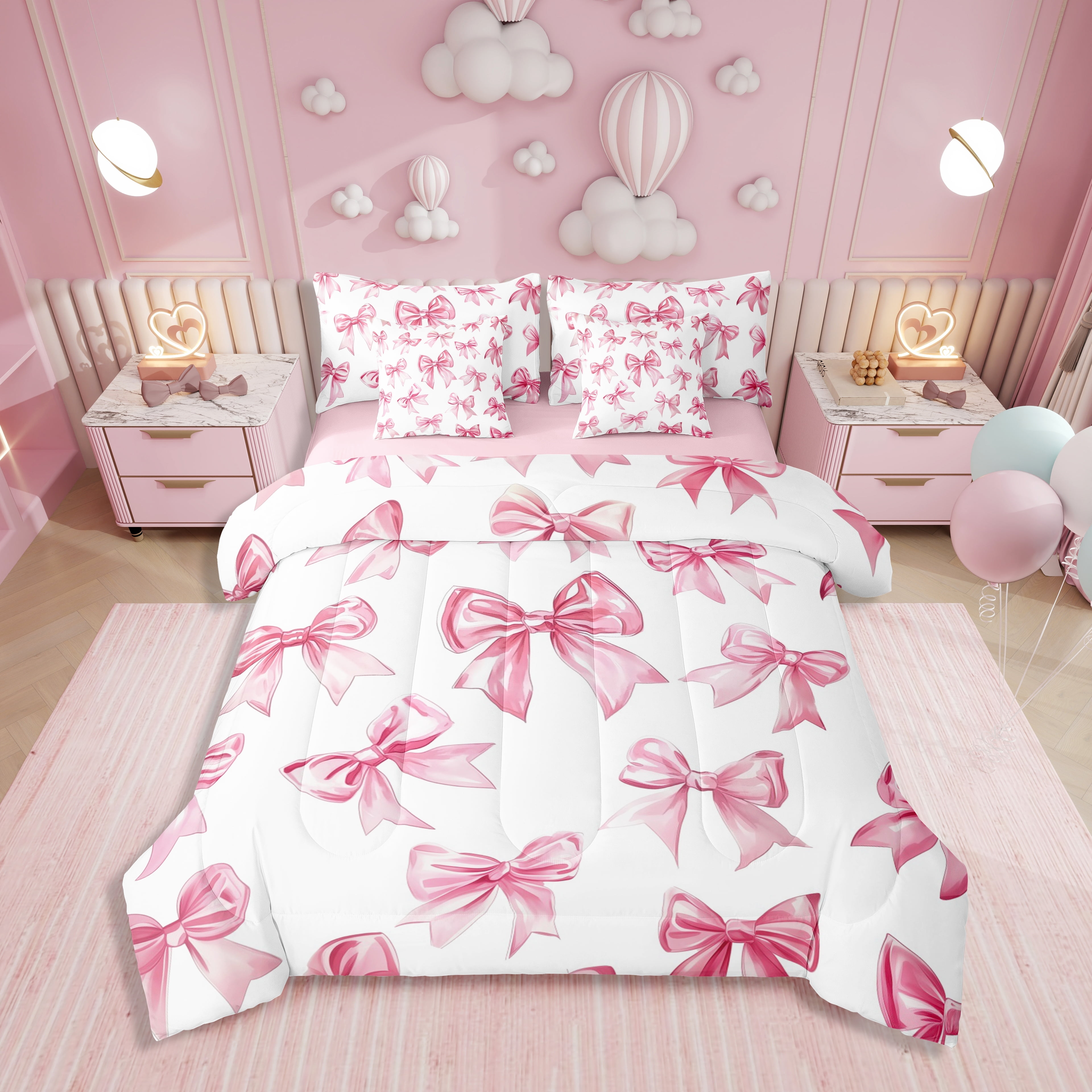 Erosebridal Kawaii Bowknot Bed In A Bag With Sheets Dreamy Princess Style Twin Comforter Set 7 Piece Teen Women,Girly Cute Bow Bedding Set Pink Bow Tie Bed Set Bedroom Decor