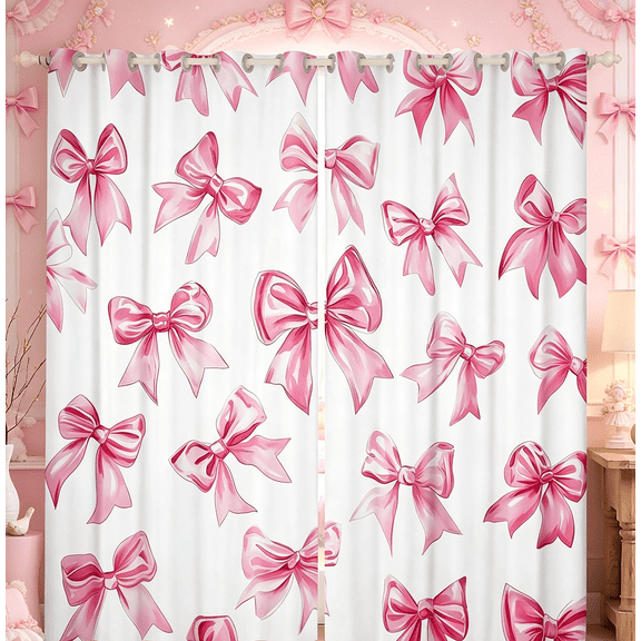 Kawaii Bowknot Curtains & Drapes Dreamy Princess Style 30%-50% Blackout Curtains 42"Wx84"L Teen Women,Girly Cute Bow Window Curtains Pink Bow Tie Window Treatments 2 Panels