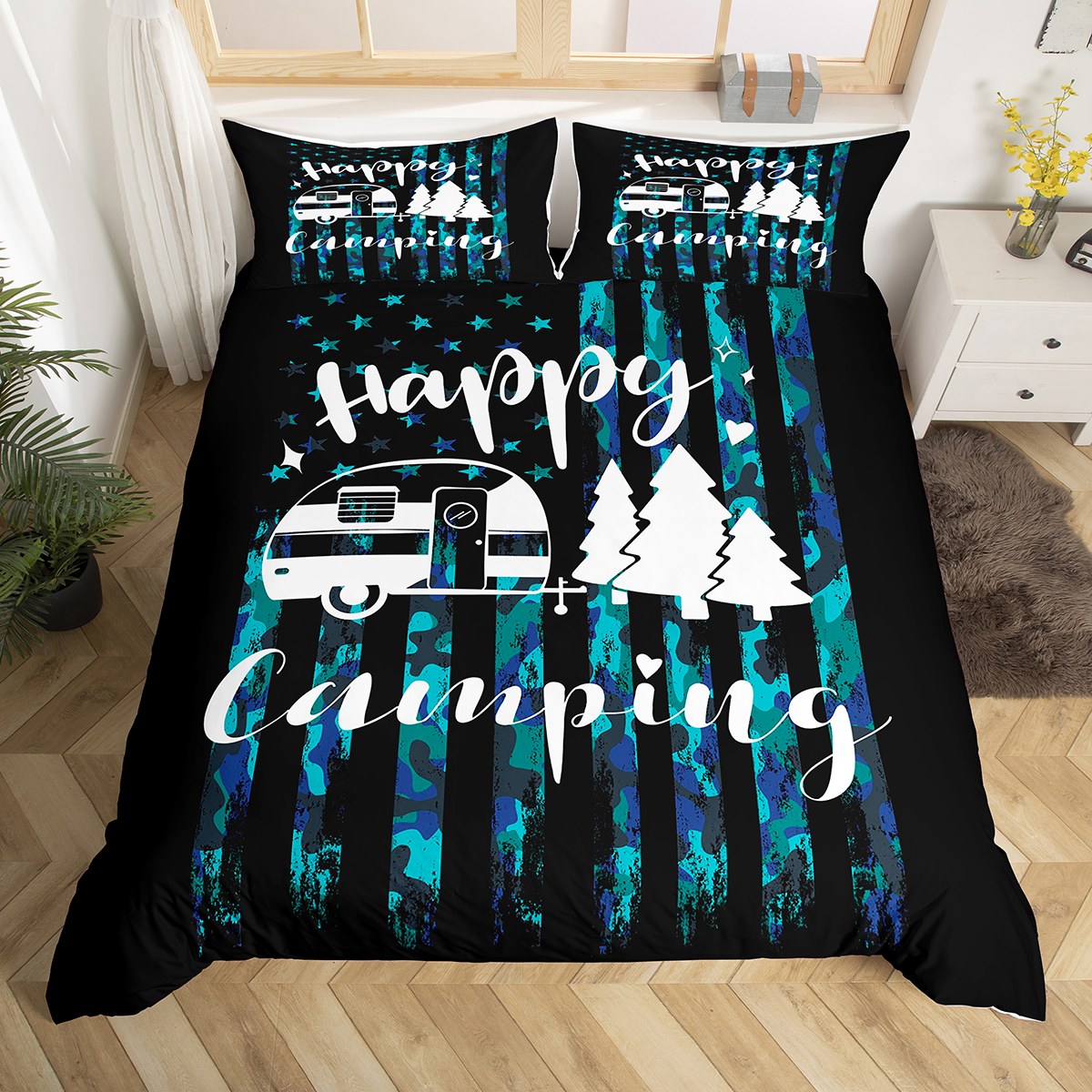 YST Kawaii Camper Bedding Sets Twin Happy Camping Comforter Cover for