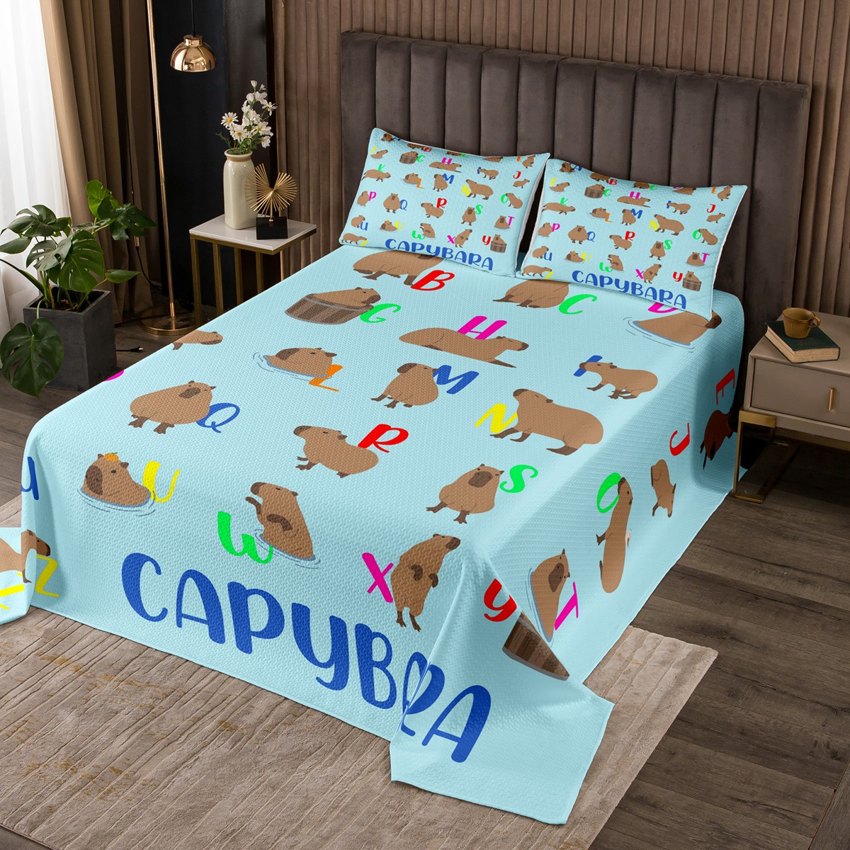 YST Kawaii Capybara Bedspread Twin Size for Kids Toddlers Alphabet