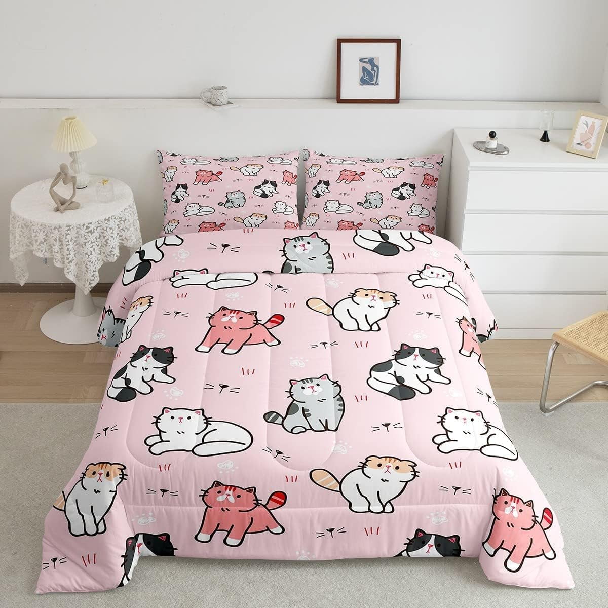 YST Kawaii Cat Bedding Twin for Girls Rainbow Kitten Comforter Set Cute