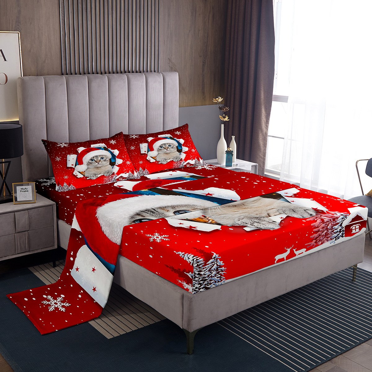 YST Kawaii Cat Sheets Christmas Tree Reindeer Bed Sheets Set 4Pcs