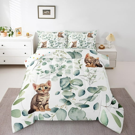 Kawaii Cat Twin Size Comforter Set Cartoon Animal Bedding Set, Eucalyptus Leaves Down Comforter Kitten Pet Lovers Bed Set, Tropical Botanical Plants Quilted Duvet