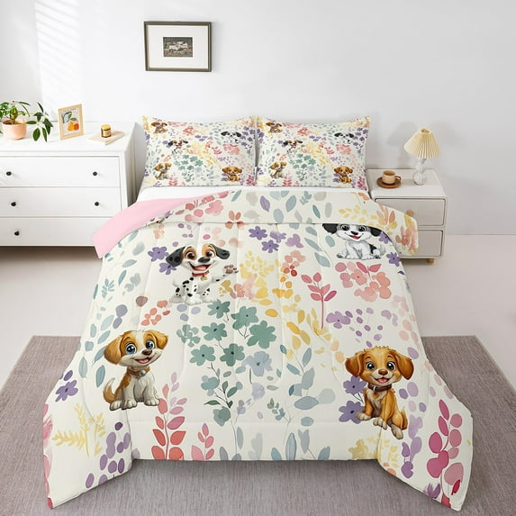 YST Kawaii Dog King Comforter Set,Cute Rainbow Flower Dog Bedding Set Pet Lover Gifts for Kids Girls Boys,Colorful Floral Leaf Quilt Bed Set Cartoon Animal Bed Comforter