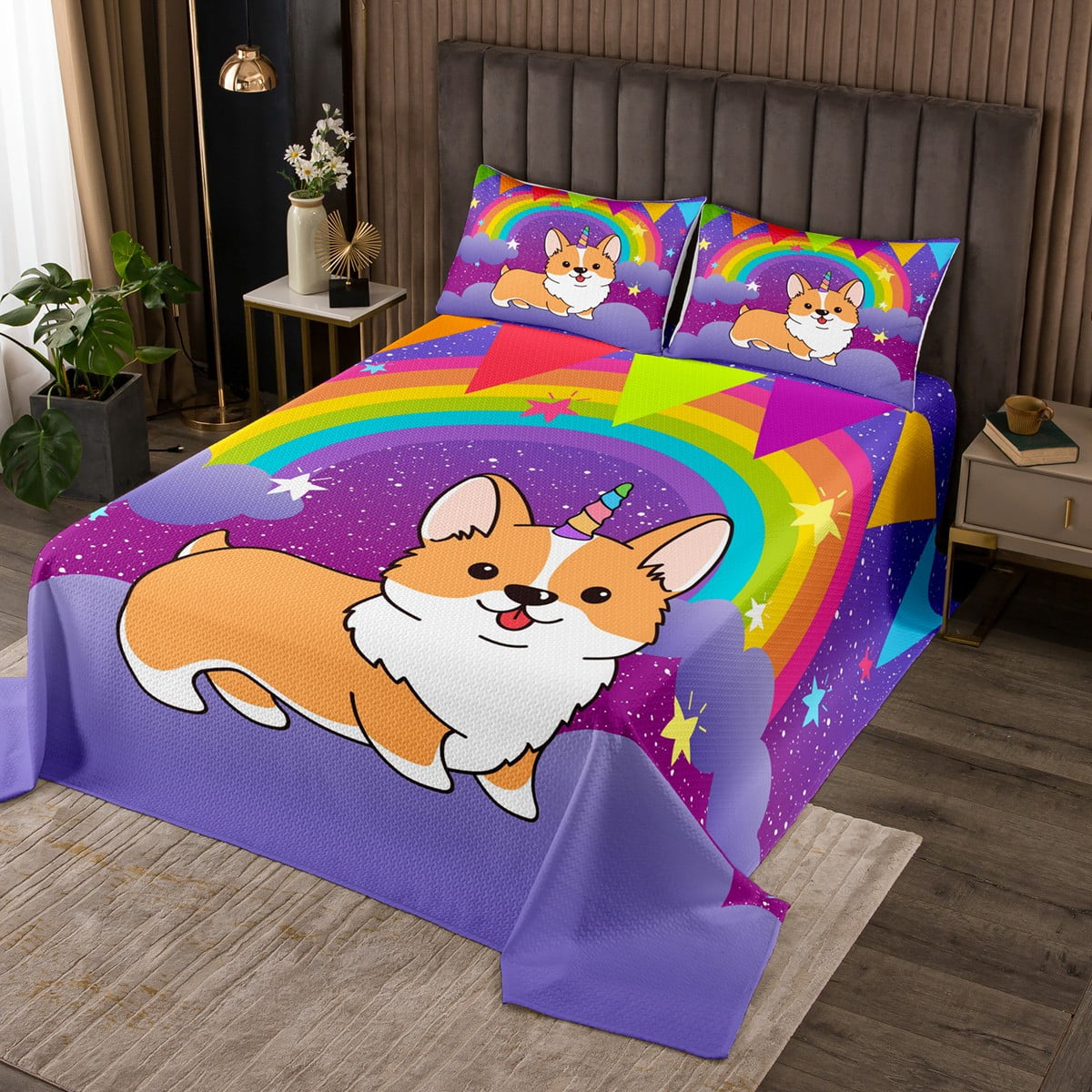 YST Kawaii Dog Quilt Set Kids Cartoon Galaxy Stars Fantasy Coverlet Set