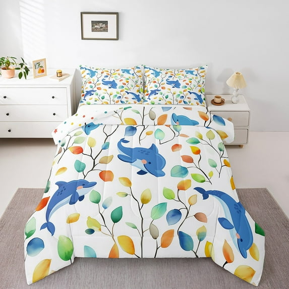 Kawaii Dolphin Queen Bedding Sets Chic Elegant Floral Comforter Set, Sea Ocean Animal Down Comforter Watercolor Leaves Bedding Comforter Sets, Tropical Plant Duvet Insert