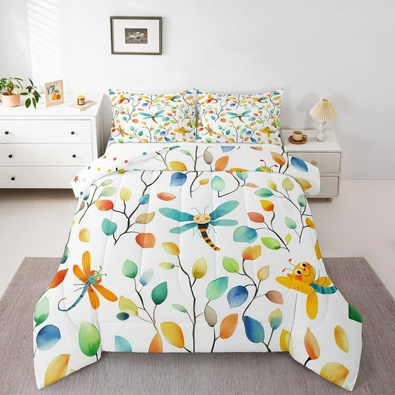 Kawaii Dragonfly King Comforter Set Chic Elegant Floral Bedding Set, Cartoon Animal Bedding Comforter Sets Watercolor Leaves Duvet Set, Tropical Plant Quilted Comforter