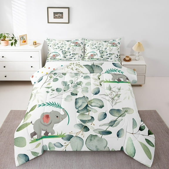 Erosebridal Kawaii Elephant Twin Comforter Set Cartoon Animal Bedding Set Twin, Eucalyptus Leaves Bedding Comforter Sets Jungle Wildlife Duvet Set, Tropical Plants Quilted Comforter