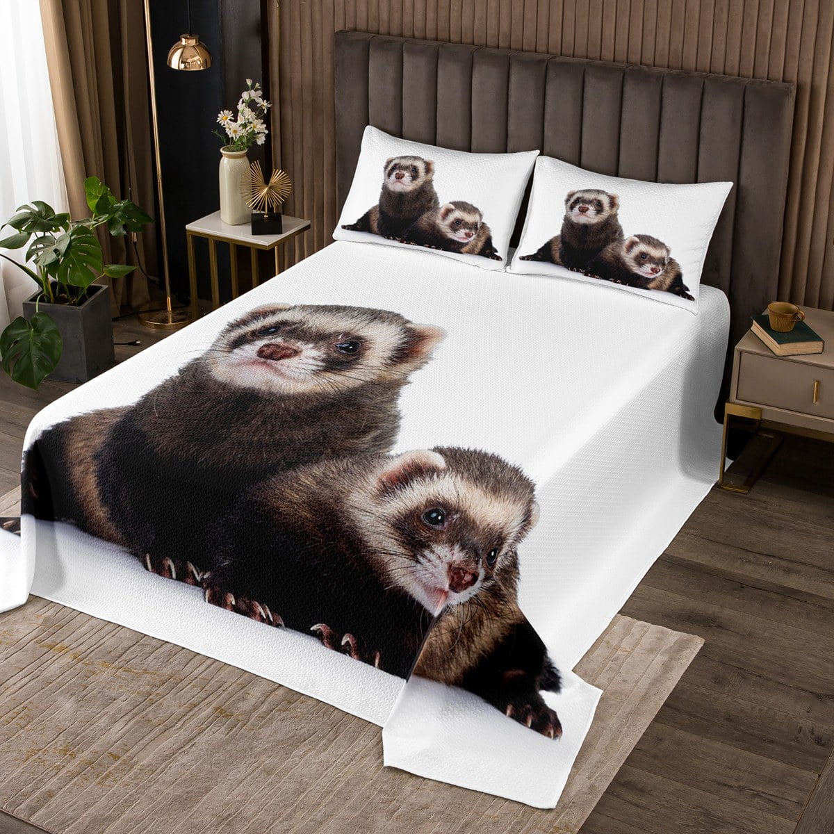 Erosebridal Kawaii Ferret Queen Quilt Set White Brown Coverlet Set