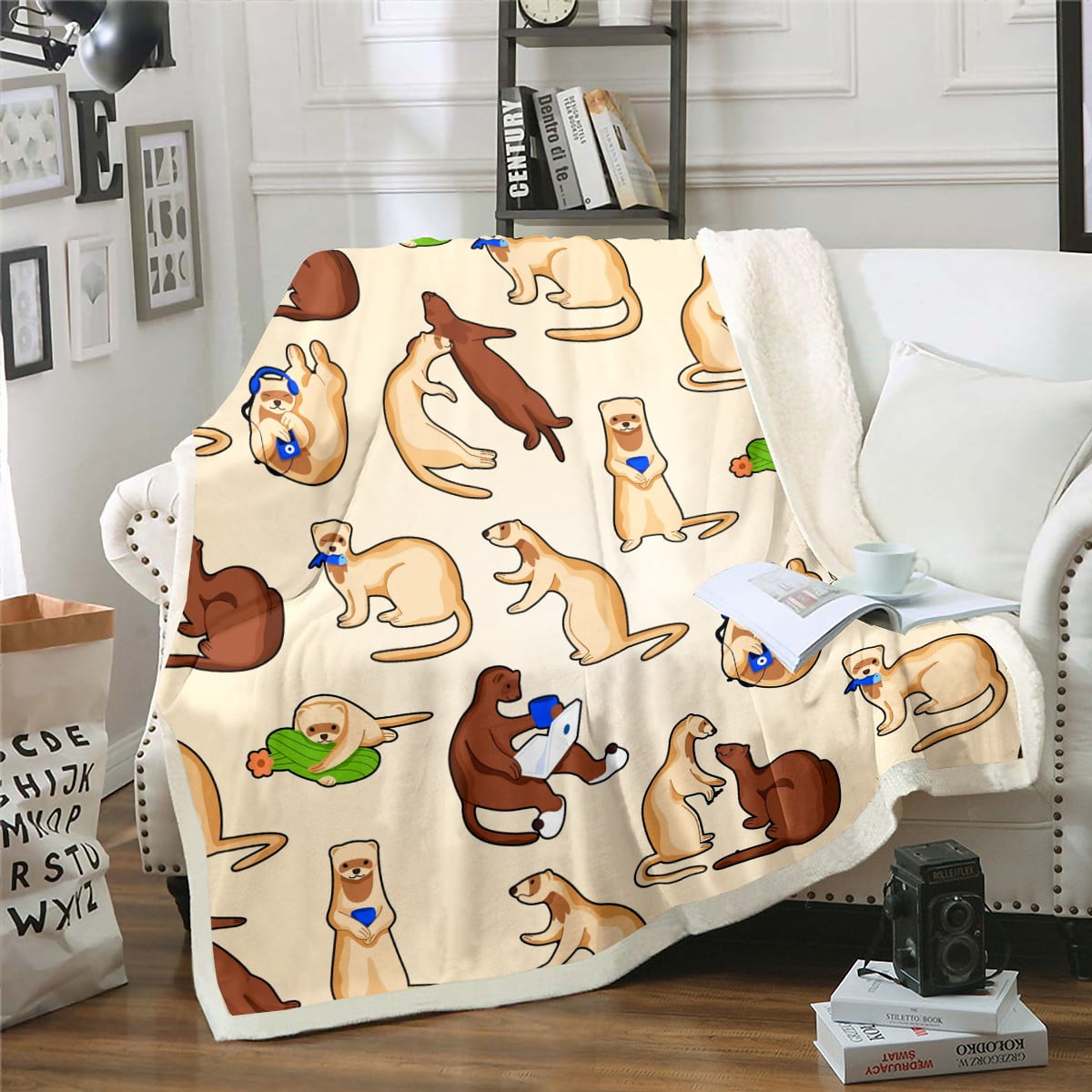 Kawaii Ferret Sherpa Blanket Funny Animal Fleece Blanket, Cute Wildlife ...