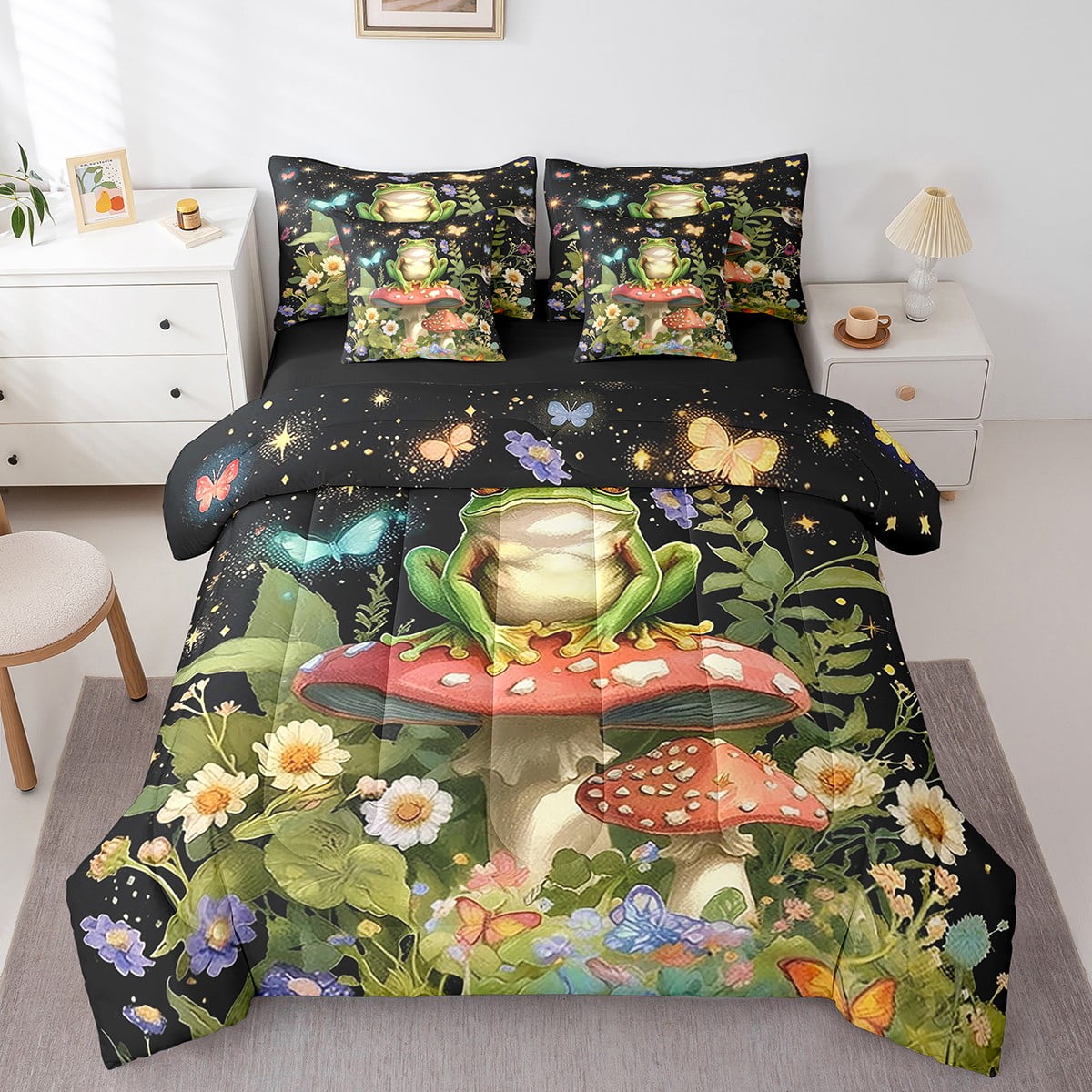 Kawaii Frog Bedding Twin Size 7pcs, Cute Cartoon Mushroom Comforter Set ...