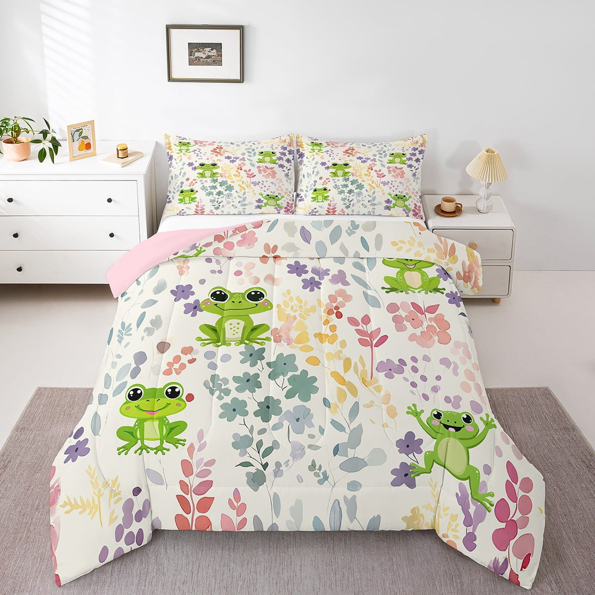 YST Kawaii Frog Queen Bedding Set,Cute Floral Frog Comforter Set for ...