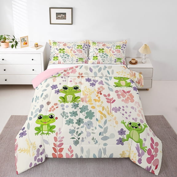 Kawaii Frog Twin Bedding Set,Cute Floral Frog Comforter Set,Rainbow Flower Leaf Plant Quilt Bed Set Colorful Wildflower Animal Print Bed Comforter