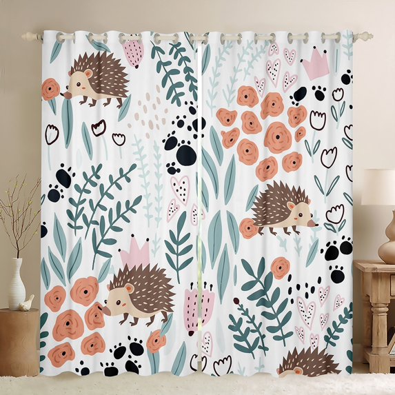 Kawaii Hedgehog Curtains for Bedroom,Cartoon Hedgehog Curtains Blackout,Cute Love Heart Leaves Flowers Curtains,Paw Print Animal Window Curtains 2 Panels 42"Wx84"L