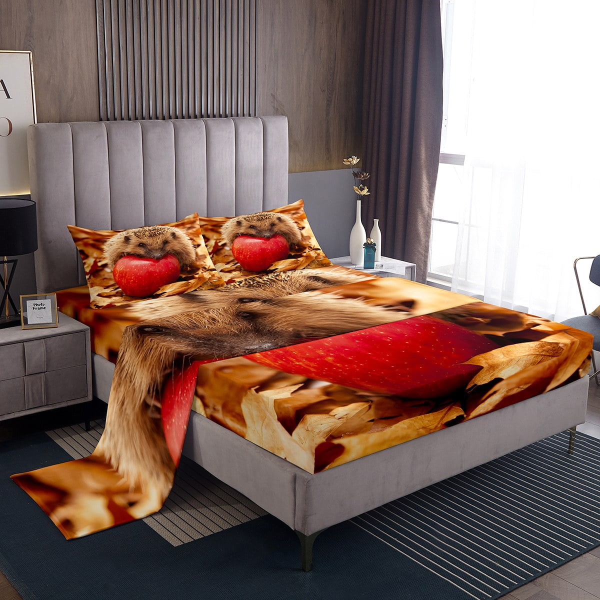 YST Kawaii Hedgehog King Sheet Set Sweet Fruit Sheets, Red Apple Bed