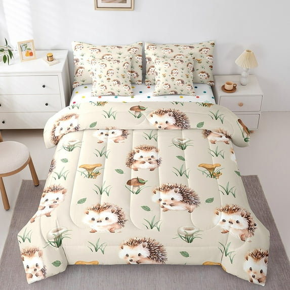 Kawaii Hedgehog Twin Comforter Set 7-Piece Cute Animal Bedding Comforter Sets, Cartoon Woodland Wildlife Bed in a Bag Wild Mushroom Fungus Bedding Set, Green Grass Leaves Bed Sheets Set
