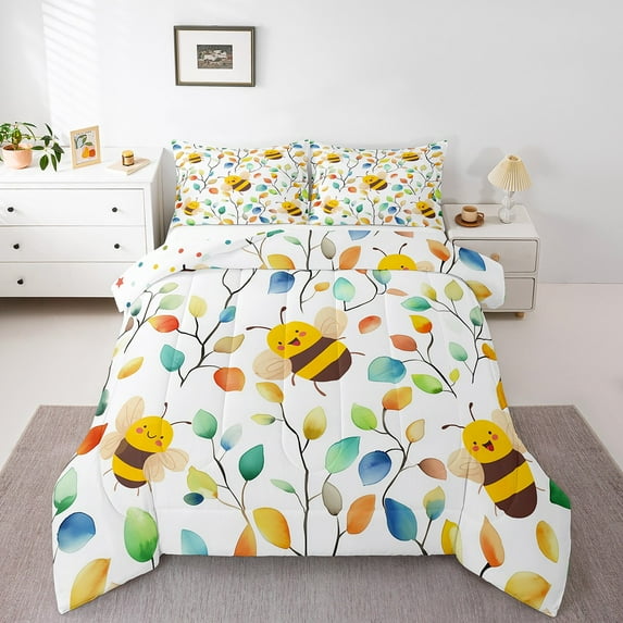 Kawaii Honey Bee Full Size Comforter Set Chic Elegant Floral Bedding Set, Animal Wildlife Down Comforter Watercolor Leaves Bed Set, Tropical Plant Quilted Duvet