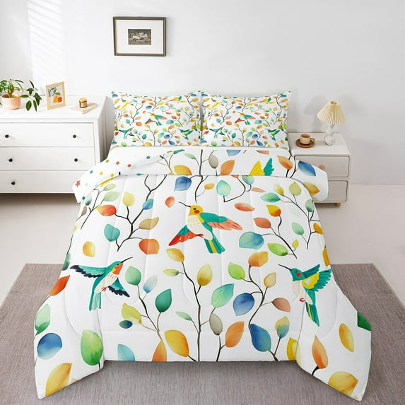 Erosebridal Kawaii Hummingbird Full Size Comforter Set Chic Elegant Floral Bedding Set, Woodland Animal Down Comforter Watercolor Leaves Bed Set, Tropical Plant Quilted Duvet