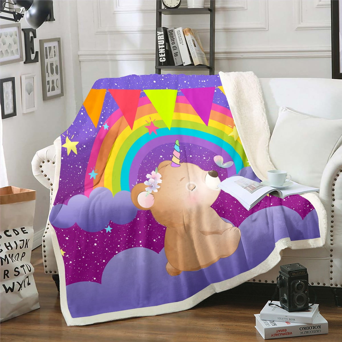 YST Kawaii Little Bear Sherpa Blanket Kids Cartoon Galaxy Stars Fantasy