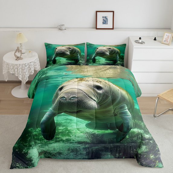 Kawaii Manatee Twin Bedding Set for Manatee Lovers Gift,3D Manatee Comforter Set Teens ,Marine Ocean Life Quilt,Underwater World Down Comforter with 1 Pillowcase,Teal