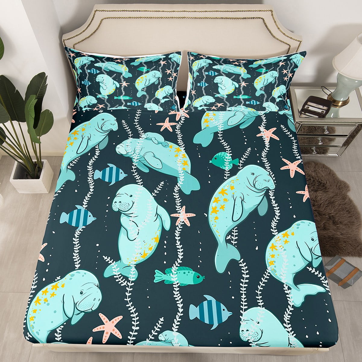 Yst Kawaii Manatees Fitted Sheet Full Size, Marine Fishes Bed Sheets 