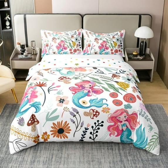 Kawaii Mermaid 100% Cotton Duvet Cover ,Cute Cartoon Sea Fish Scale Comforter Cover,Flowers Leaves Bedding Set,Natural Wild Fungus Quilt Cover 3pcs Full Lightweight