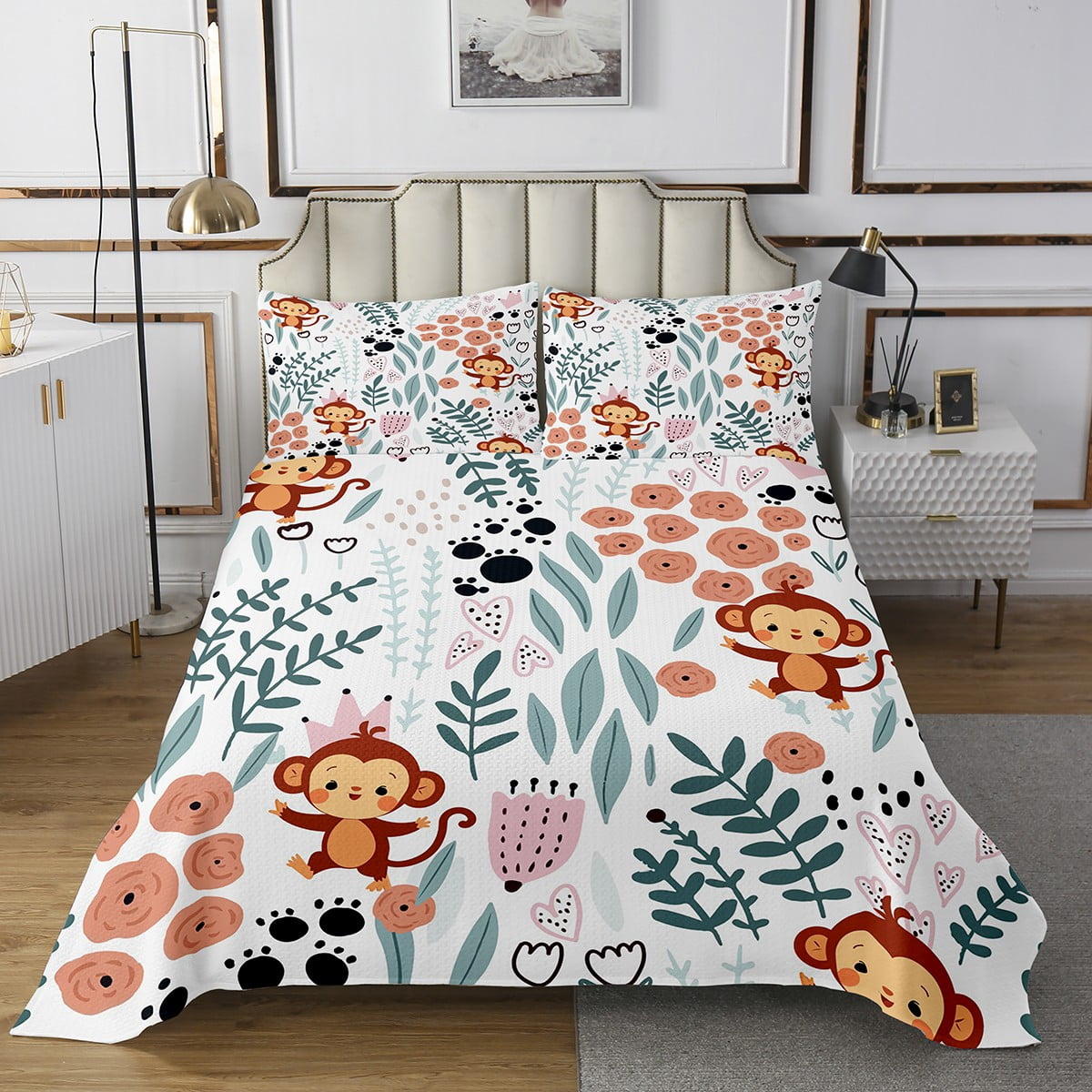 YST Kawaii Monkey Bedspread Queen,Jungle Animals Monkey Quilt Bedding ...