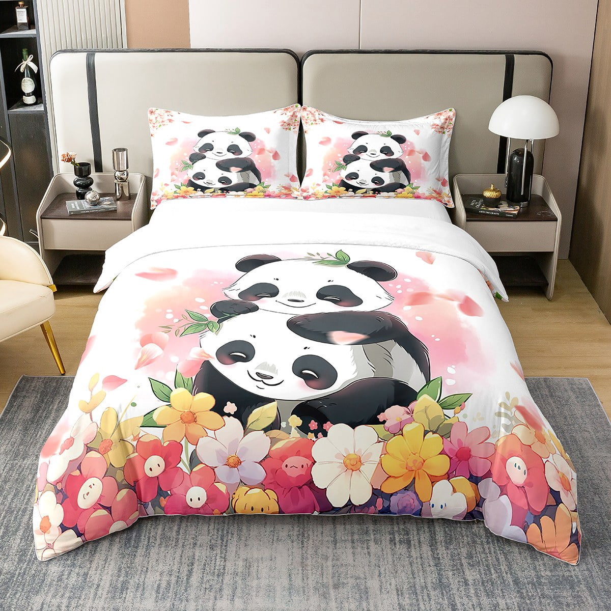 YST Kawaii Panda 100% Cotton Bedding Set Colorful Flowers Duvet Cover ...