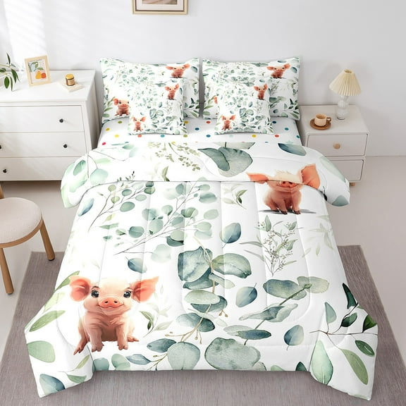 Kawaii Pig Bedding Comforter Sets 7pcs Cartoon Animal Bed in a Bag, Eucalyptus Leaves Twin Bedding Sets Farm Wildlife Comforter Set, Tropical Botanical Plants Bedding Sets