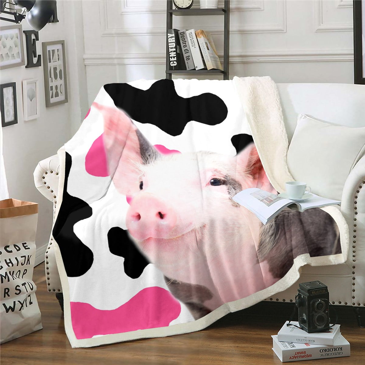 YST Kawaii Pig Sherpa Blanket Black Pink Cow Print Blanket, Farm Animal