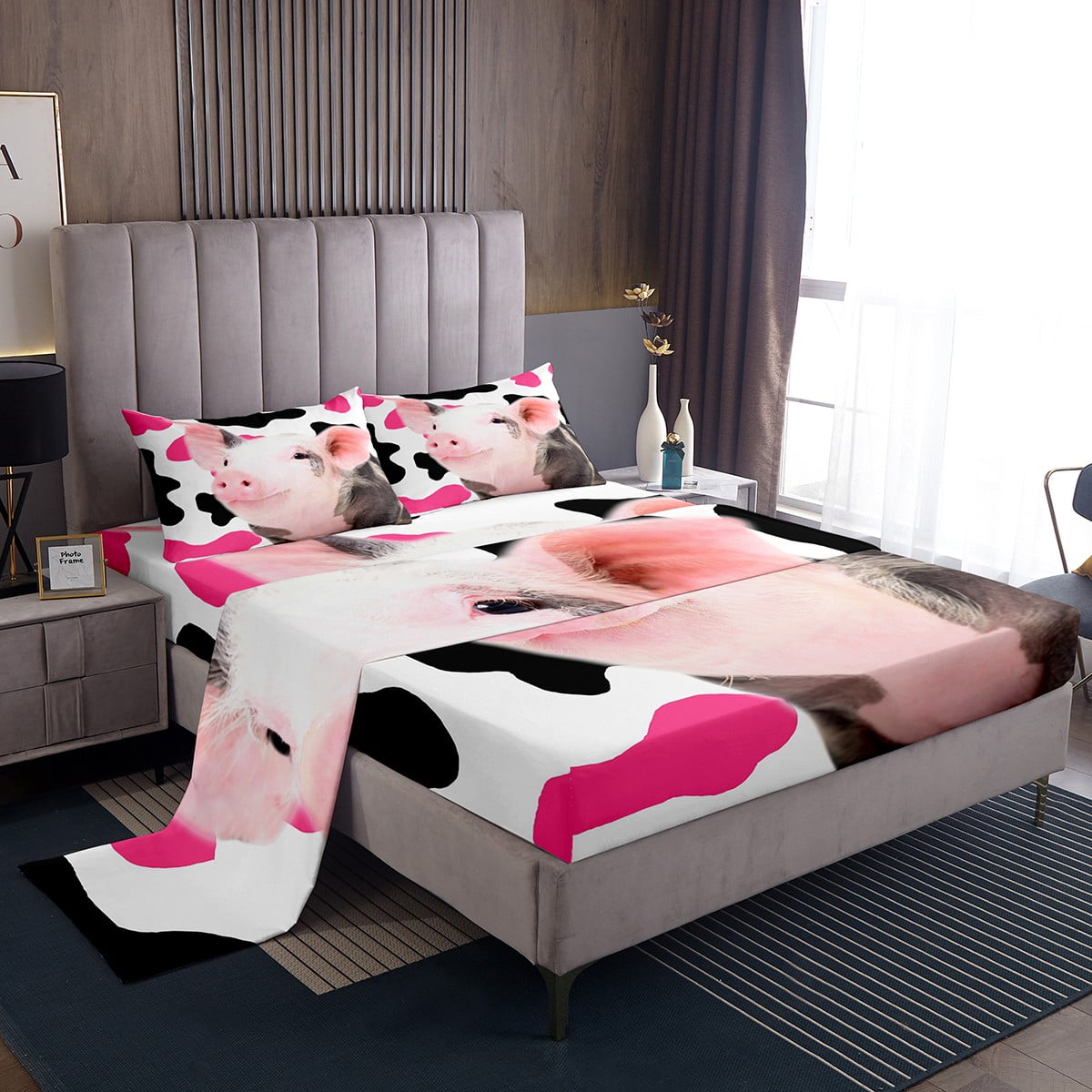 YST Kawaii Pig Twin Sheets Black Pink Cow Print Bed Set, Farm Animal Bed Sheets Set Cute Piggy