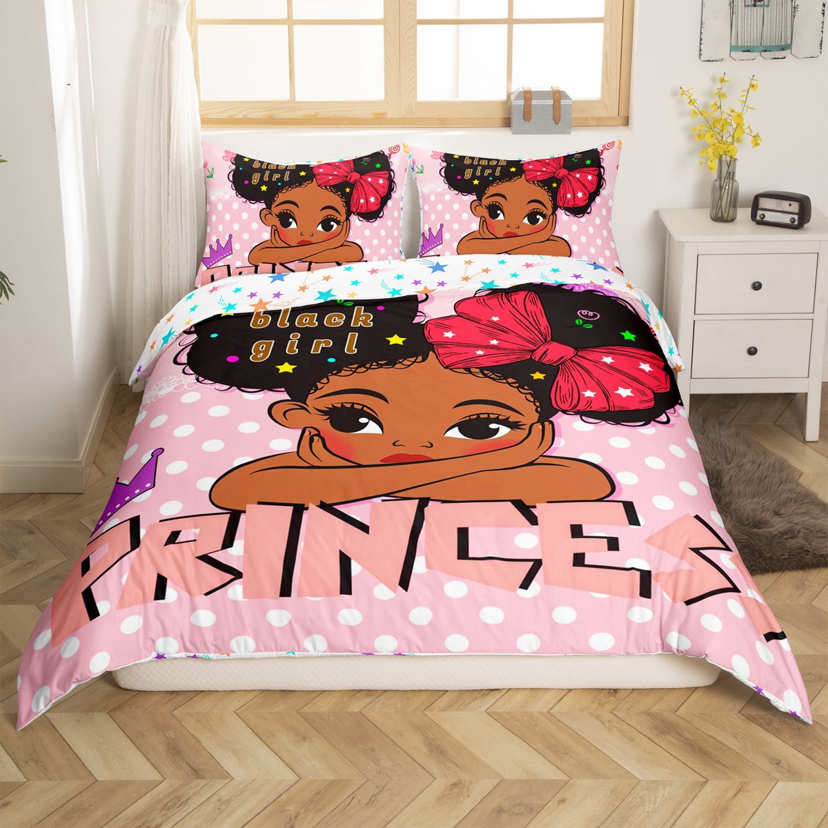 YST Kawaii Princess Comforter Cover for Kids Black Girls Magical Bed Set, Lovely Polka Dots