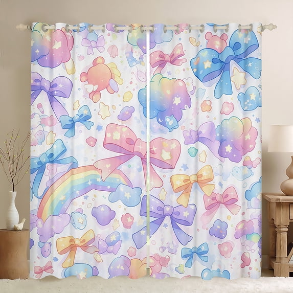 Kawaii Rainbow 30%-50% Blackout Curtains 84x90,Cute Bow Knot Curtains For Living Room Bedroom,Cartoon Clouds Bows Printed Adults Thermal Curtains & Drapes,Purple Pink Stars Window Curtains
