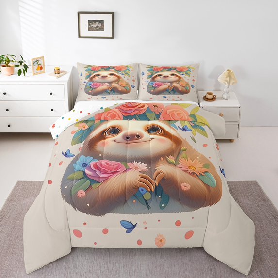 Erosebridal Kawaii Sloth Queen Size Comforter Set,Cartoon Sloth Animals Floral Bedding Sets Bedroom Decor,Botanical Flower Petals Leaf Duvet Insert,Wildlife Bed Set,3 Pcs