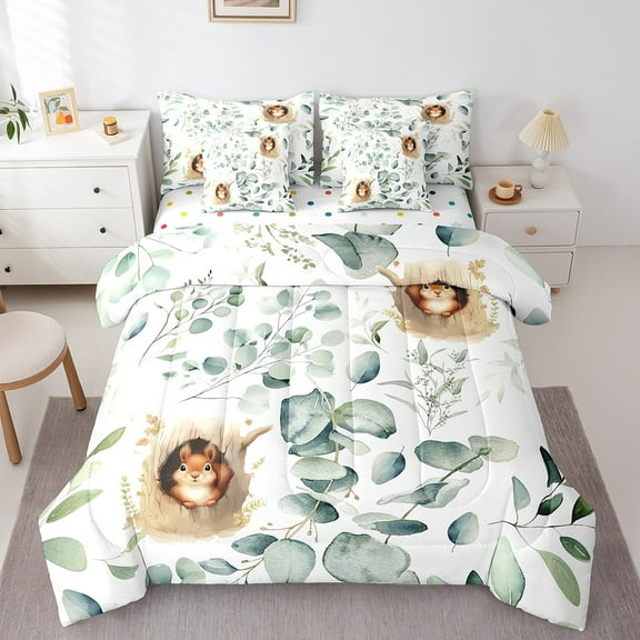 Kawaii Squirrel Twin Comforter Set 7 Pieces Cartoon Animal Bedding Comforter Sets, Eucalyptus Leaves Bed in a Bag Jungle Wildlife Bedding Set, Botanical Bed Sheets Set