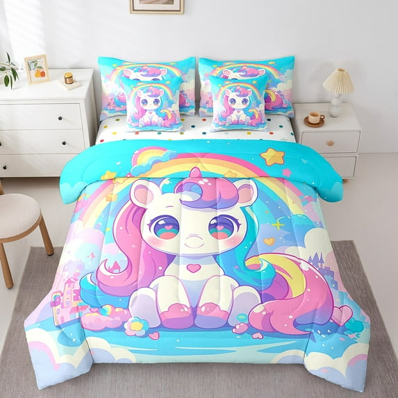 Kawaii Unicorn 7 Pcs Comforter Set Queen Rainbow Bedding Galaxy Stars Sky Clouds Cartoon Dreamy Castle Princess Sheet Set Bed in A Bag Fantasy Love Horse Room Decor Bed Set