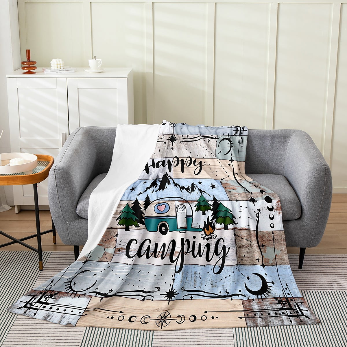 YST Happy Camping Fleece Blanket Baby 30x40 cartoon RV Vehicles Throw Blanket Blue Retro Wooden Blanket Rustic Farmhouse Style Flannel Blanket Luxury Soft Lightweight Walmart