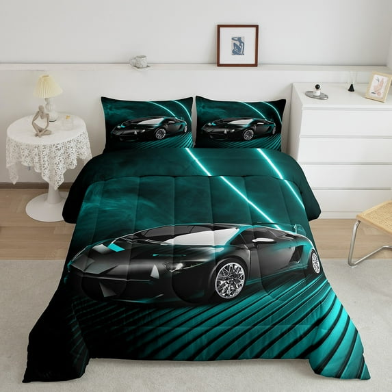 Race Car Comforter Set King Size, Black Racing Car Bedding Set Teens Car Racing Gifts, Extreme Sport Car Quilt Teal Geometric Stripes Duvet Insert