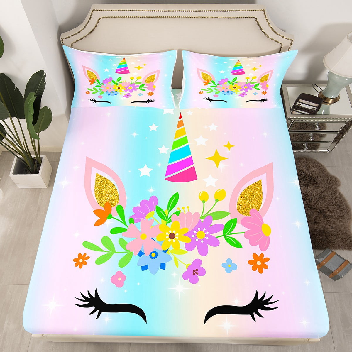 Eyelash Pattern Kids Bed Sheet Set - Glitter Purple Pink Queen Size 3-Pc Microfiber Fitted Sheet & Pillowcases