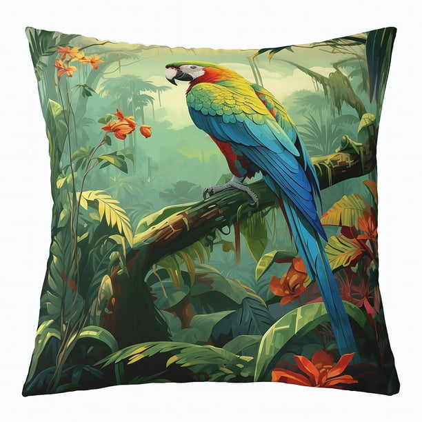 YST Kids 3D Parrot Cushion Cover 16x16 Inch Rainbow Bird Throw Pillow Cover Green Palm Leaf Tree Pillow Cover Cute Funny Animal Decorative Accent
