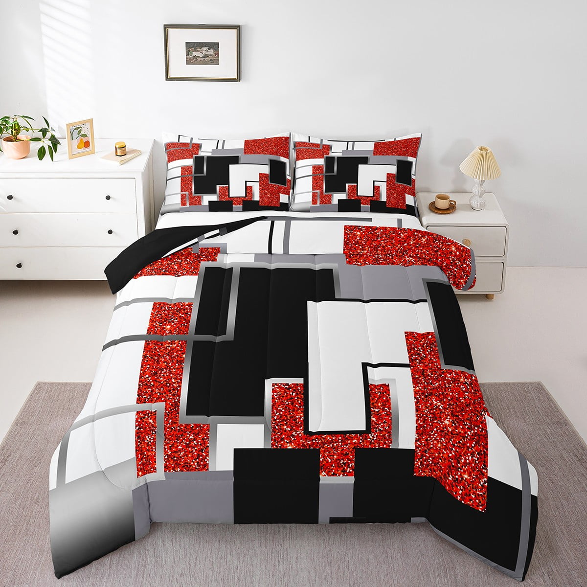 YST Kids Abstract Geometric Comforter Set Sequins Buffalo Check Twin