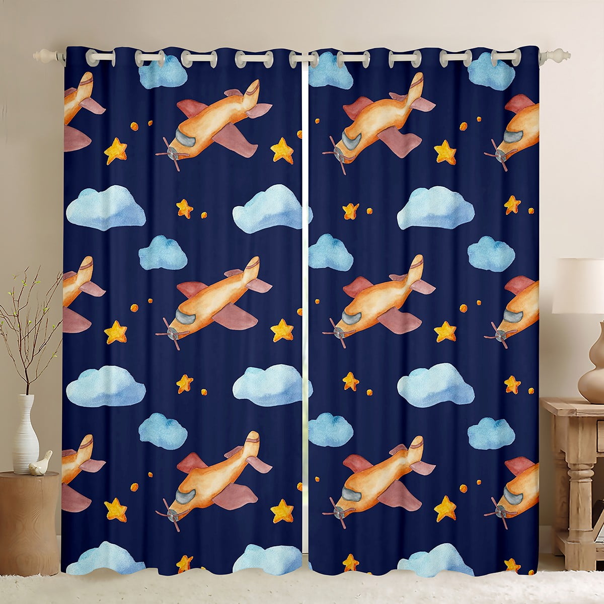 YST Kids Aircraft Curtains & Drapes Blue Clouds Curtains, Watercolor