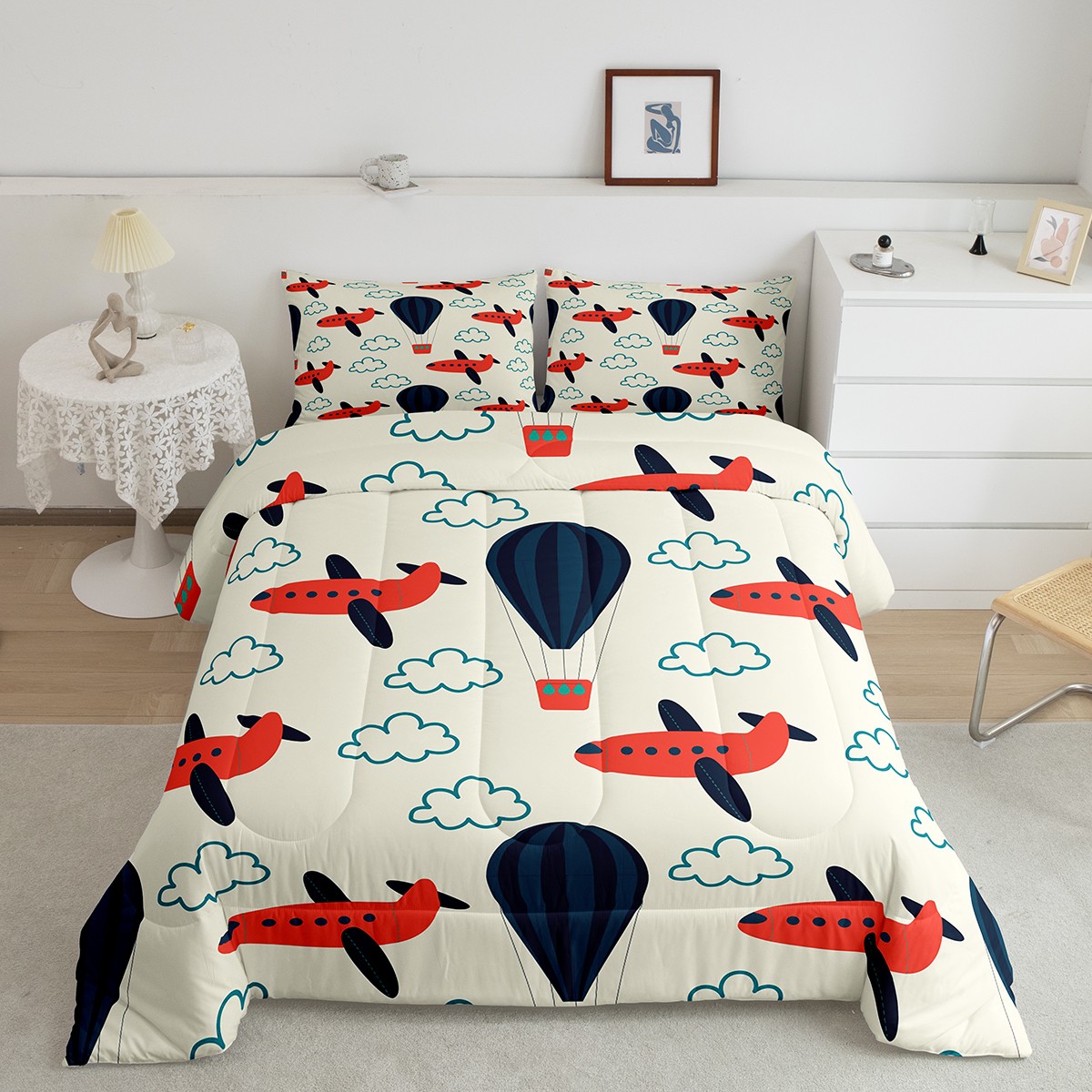 YST Kids Airplane Comforter Set King,Red and Black Aircraft Bedding Set for Toddler Nursery Boys